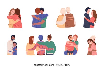 People hug  Men   women different ages   nationalities  Happy friends  children   parents hugging  good family   romantic relationship  Character waist drawing vector flat cartoon isolated set