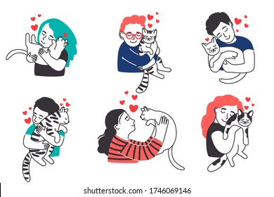 People hug pets. Happy children petting, hug and love cats, smiling persons and beautiful healthy companions with hearts, kids with animals collection isolated on white background, vector illustration