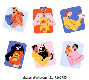 People hug pets square icons, young men and women holding dog, cat, parrot or guinea pig on hands. Human characters cuddle with home animals. Love, adoption avatars, Linear flat vector illustration