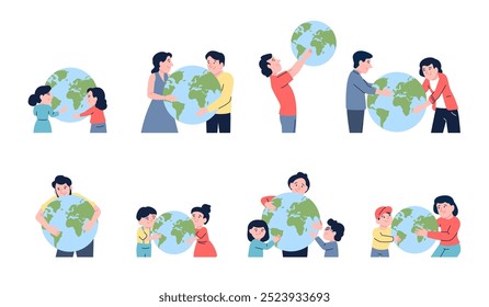 People hug planet. Men women children embrace the earth. Clean friendly relationship with environment, support ecology lifestyle, recent vector scenes