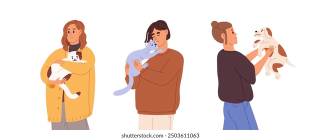 People hug their pets set. Happy owners hold cats, small dogs in hands. Women with cute puppies, fluffy kittens in arms love, care about domestic animals. Flat isolated vector illustrations on white