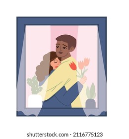 People hug at the window. Love relationship of a man and a woman. Taking care of each other. Strong embrace of two cartoon characters. Hand-drawn vector illustration. All elements are isolated. 