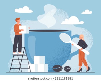 People with huge coffee cup concept. Man and woman standing with sugar cubes near hot drink. Latte, cappuccino and espresso, americano. Beverage and aroma. Cartoon flat vector illustration