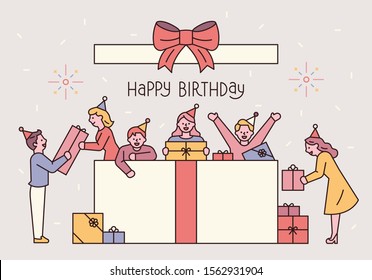 People in a huge gift box. People are holding gift boxes and celebrating. flat design style minimal vector illustration.