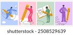 People with a huge pencil vector card illustration. Young diverse characters holding pencil, writing, thinking, drawing doodles, standing near, flying on it. Creative process, flat education.