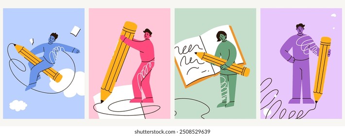 Personas con una enorme ilustración de tarjeta de Vector de lápiz. Jóvenes personajes diversos sosteniendo un lápiz, escribiendo, pensando, dibujando garabatos, parados cerca, volando sobre él. Proceso creativo, educación plana.