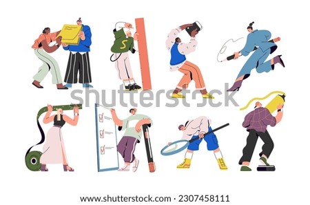 People and huge stationery set. Characters holding big tools, paper notes, eraser, writing with pencil, studying with magnifying glass. Flat graphic vector illustrations isolated on white background