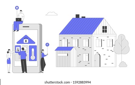 People at Huge Tablet with App for Smart House Technology System with Centralized Control. Lighting Heating Ventilation and Air Conditioning Security Service. Flat Vector Illustration, Line Art