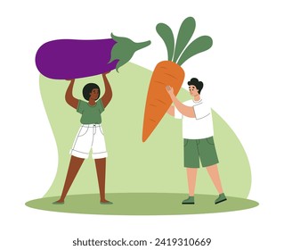 Gente con verduras enormes. Ilustración plana del vector
