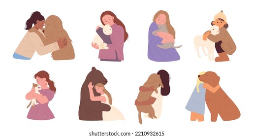 People are hugging the animals warmly. flat design style vector illustration.