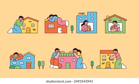 People are hugging the building and being happy. Small house and big person character concept. outline simple vector illustration.