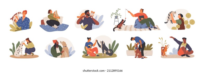 People hugging, caring, and playing with pets set. Adorable animals and their owners. Characters spend time with dogs and cats at home and outdoor. Happy pastime and relaxation with cute pets