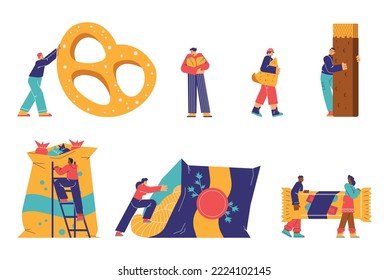 People hugging and carrying snacks and fast food, flat vector illustration isolated on white background. Set of cartoon characters with abstract meals - chips, candies and waffle bar.