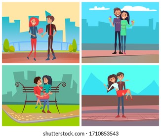 People hugging each other outdoor, man giving flowers to woman, couple sitting on bench, eating ice-cream. Romantic day of male and female in park vector