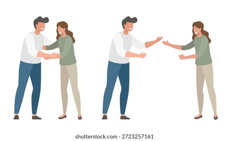 People hugging isolated icon vector modern simple minimal graphic illustration set, man woman embrace happiness greeting or meeting each other, couple friendship in love, relationship concept image