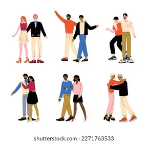 People hugging set. Homosexual and heterosexual couples in love. Men and women of different ages and nationalities hugging cartoon vector illustration