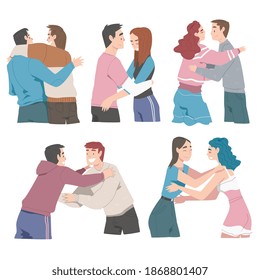 People Hugging Set, Joy Meeting of Friends, Female and Male Friendship Concept Cartoon Style Vector Illustration