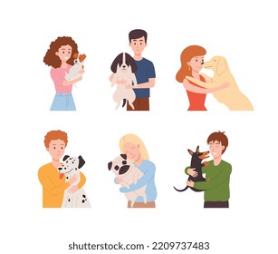 People hugging their dogs, happy pet owners - flat vector illustration isolated on white background. Set of people cuddling dogs of different breeds - pug, golden retriever, dalmatian.