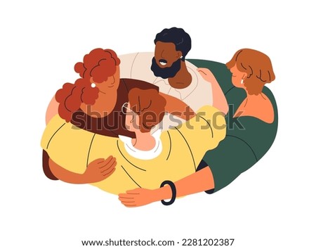 People hugging together. Supportive community, togetherness, mutual care and love concept. Group of characters in circle, embracing. Flat graphic vector illustration isolated on white background
