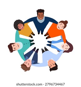 People Hugging Top View. Group Of Characters Forms A Tight Circle, Embracing One Another Vector Illustration