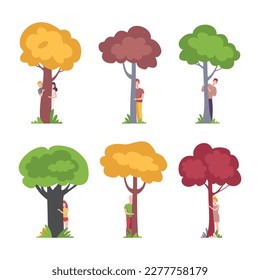 People hugging trees set. Love for nature, eco friendly lifestyle, environment preservation, harmony with nature cartoon vector illustration