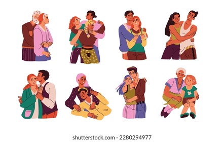 People hugs. Female and male characters, happy men and women hugging, love couple. Girl persons and boy, beloved boyfriend cuddle girlfriend, students and friends loving. Vector exact set