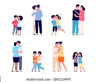 People hugs together. Couple hugging, friendship of smiling girl boy. Happy friends, cartoon adults children relationship utter vector set