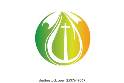 Diseño humano del logotipo de la iglesia de la gente con el diseño verde del símbolo del Vector del logotipo de la hoja fresca del Vector