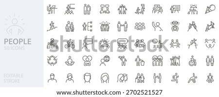 People, human figures, and social interaction line icon set. Teamwork, diversity, activities, business. Vector thin line editable stroke icons