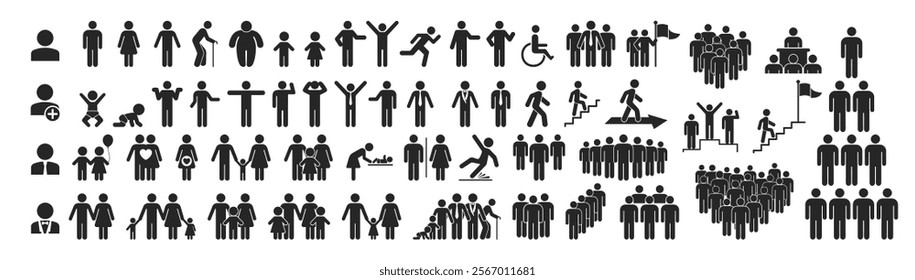 People, human, person, businessman icon set. Containing man, woman, children, old man, businessman, team, crowd on transparent background