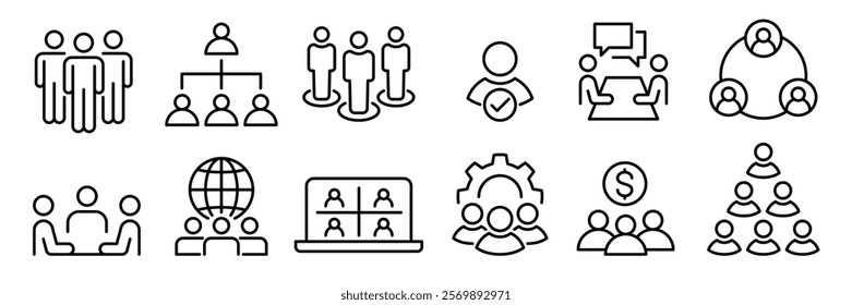 People, human, person line icon set. Containing participants, group, team, meeting, organization, community, population, audience, member, discussion, assembly, interview. Vector illustration