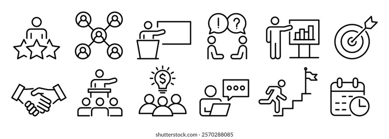 People, human, person line icon set. Success, participants, business, group, team, meeting, organization, community, population, audience, member, discussion, Workshop, assembly, class, interview.