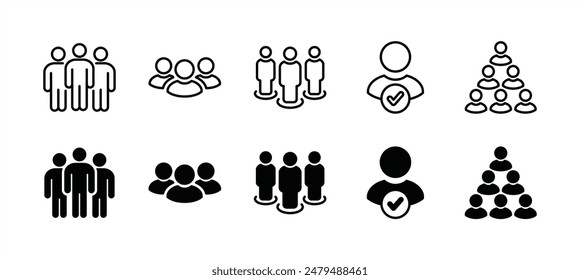 Menschen, Mensch, Person dünne Linie Icon Set. Enthält Teilnehmer, Gruppe, Team, Organisation, Gemeinschaft, Bevölkerung, Publikum, Mitglied. Vektorillustration