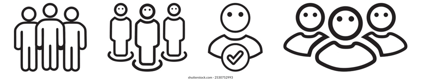 People, human, person thin line icon line art set. Containing participants, group, team, organization, community, population, audience, member. Vector illustration.