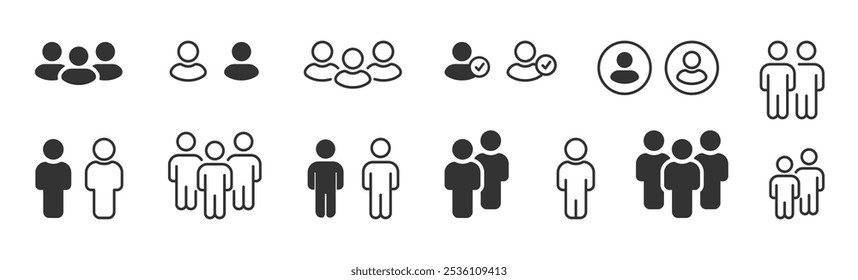 People, human, person thin line icon set. Editable stroke. Containing participants, group, team, organization, community, population, audience, member. Line and glyph user avatar. Vector illustration