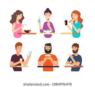 People, Hungry Persons Eating Different Foods. Cartoon Characters Eat Vector Set Isolated On White Background. Illustration Of Man And Woman Eating Food