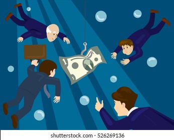 People hunt for money vector. Business metaphor. Cartoon colorful hand drawn vector illustration