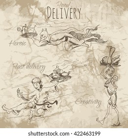 People in a hurry to deliver different food and drinks on a tray. Vector illustration on the old paper background.