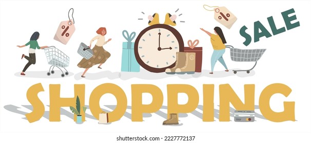 People are in a hurry to get discounts. Huge clocks, loudspeakers, boxes. Happy buyers cartoon characters. Sale of household goods, clothes, consumerism concept.