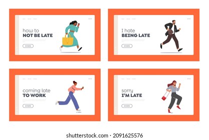 People Hurry, Late at Work Landing Page Template Set. Businessmen, Businesswomen or Students Characters with Bags and Coffee Run, Late in Office, Stressful Work Situation. Cartoon Vector Illustration