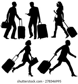 People in a hurry, on airport or station - vector silhouettes.