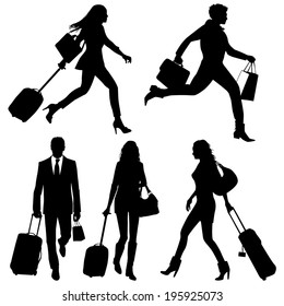 People in hurry, on airport - vector silhouettes.