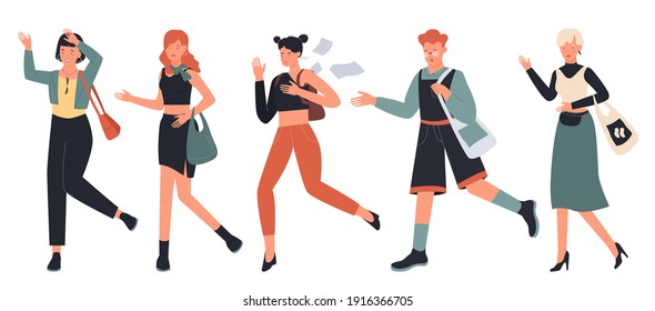 People hurry and run vector illustration set. Cartoon busy boy and girl characters hurrying, running fast, late worried adult woman in casual clothes rushing in hurry to get on time isolated on white