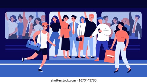 People hurrying into overcrowded train flat vector illustration. Cartoon characters squeezing in metro. Public transport, overpopulation and travelling concept.