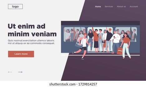 People hurrying into overcrowded train flat vector illustration. Cartoon characters squeezing in metro. Public transport, overpopulation and travelling concept.