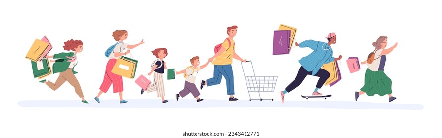 People hurrying to sale. Running crowd customers rushing shopping, family chase black friday discount, crazy shopper with bag push cart in supermarket, classy vector illustration of customer crowd