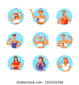 Procedimientos de higiene de la gente Iconos de dibujos animados vectoriales