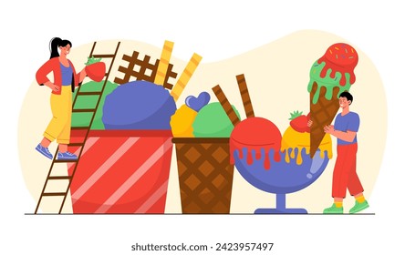 People with ice cream concept. Young guy and girl with frozen food with fruits. Dessert and delicacy for summer holidays. Cartoon flat vector illustration isolated on white background