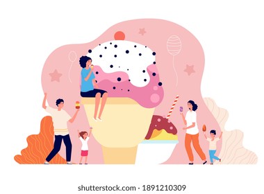 People with ice cream. Family eating dessert, summer cold sweet. Children adults delicious food, utter cartoon creamy balls vector concept