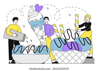 People with ice cream line. Frozen dessert and delicacy for hot weather. Men and woman with colorful balls. Sweet food. Linear flat vector illustration isolated on white packground